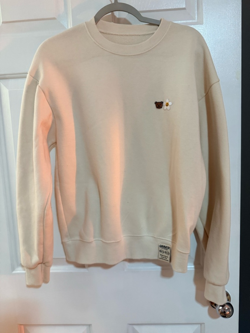 Korean GRAVER Cream Embroidered Bear & Flower Crewneck Sweatshirt